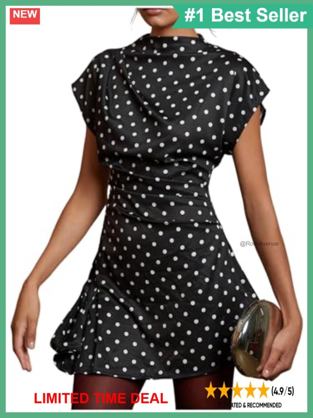 Mock Neck Dolman Sleeve Ruched Mini Dress Polka Dot Party